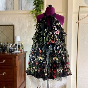 ALEXIS dress in sheer floral fabric and silk ribbon closures with silky lining